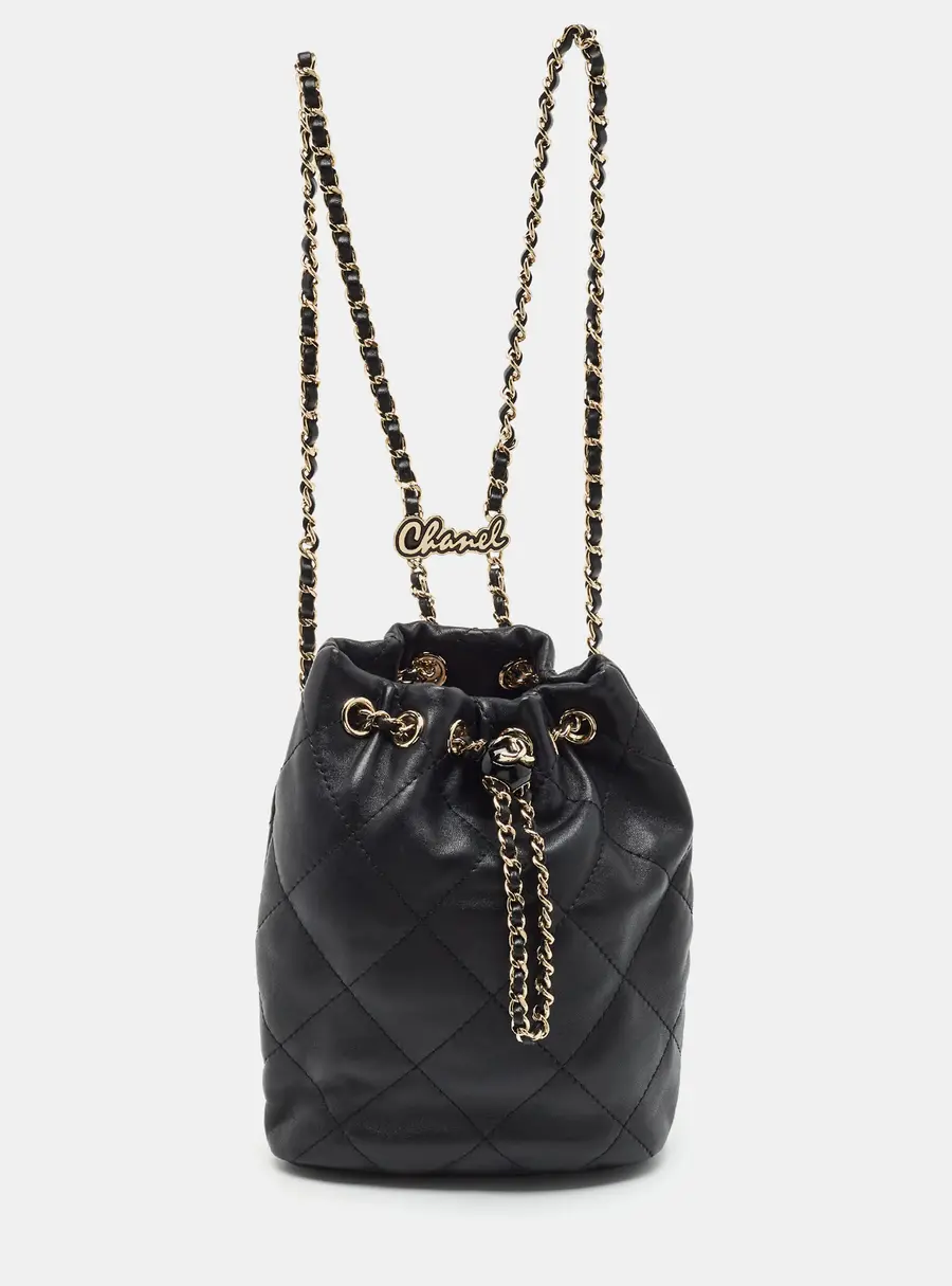 Chanel CC Script Black Quilted Leather Drawstring Backpack