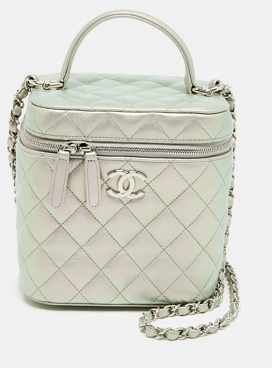 Chanel Vanity Case Metallic Grey Quilted Leather Top Handle Bag