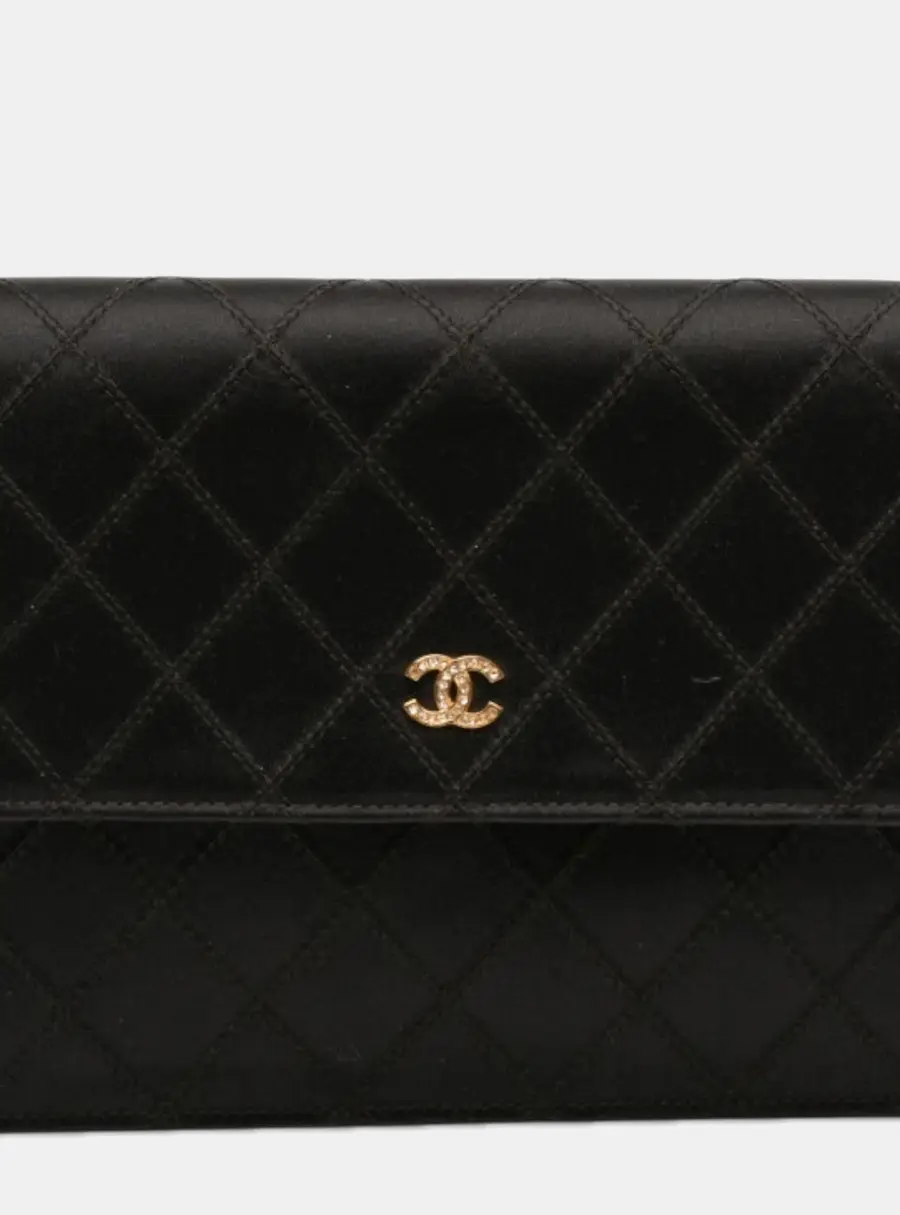 Chanel Diamond Stitch Clutch Black Satin Leather Clutch Bag