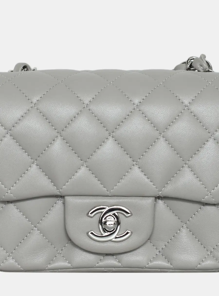 Chanel Mini Square Flap Grey Lambskin Leather Shoulder Bag