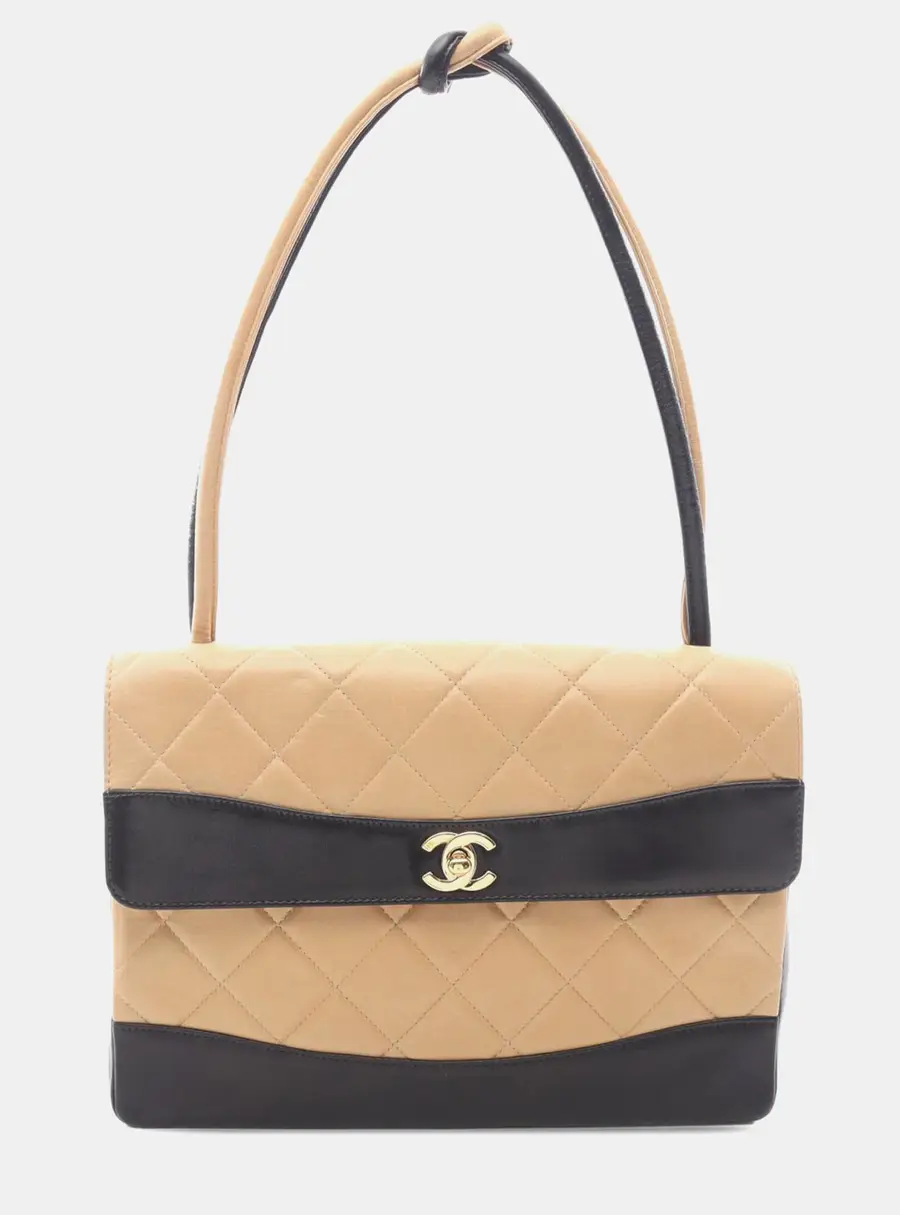 Chanel CC Flap Bicolor Beige Black Lambskin Leather Shoulder Bag