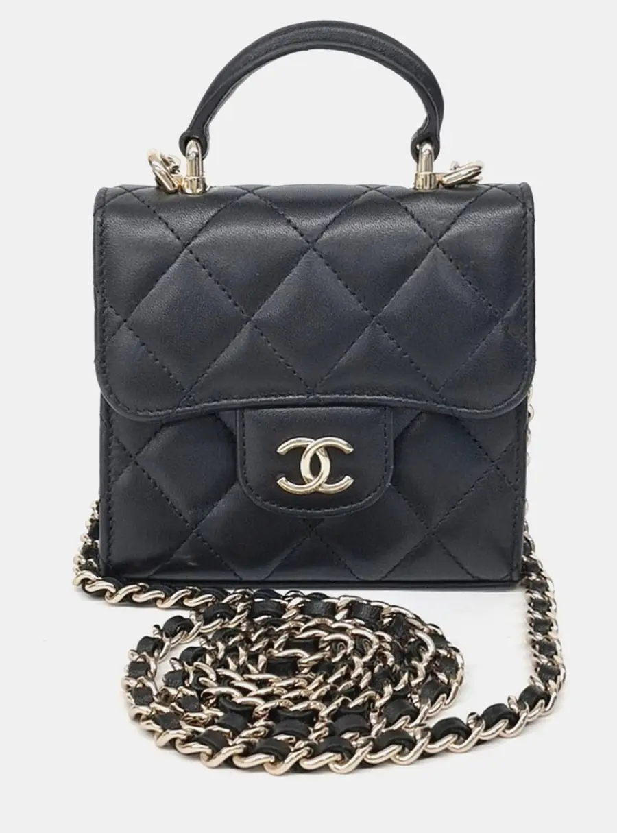 Chanel Black Leather Top Handle Mini Chain Crossbody Bag