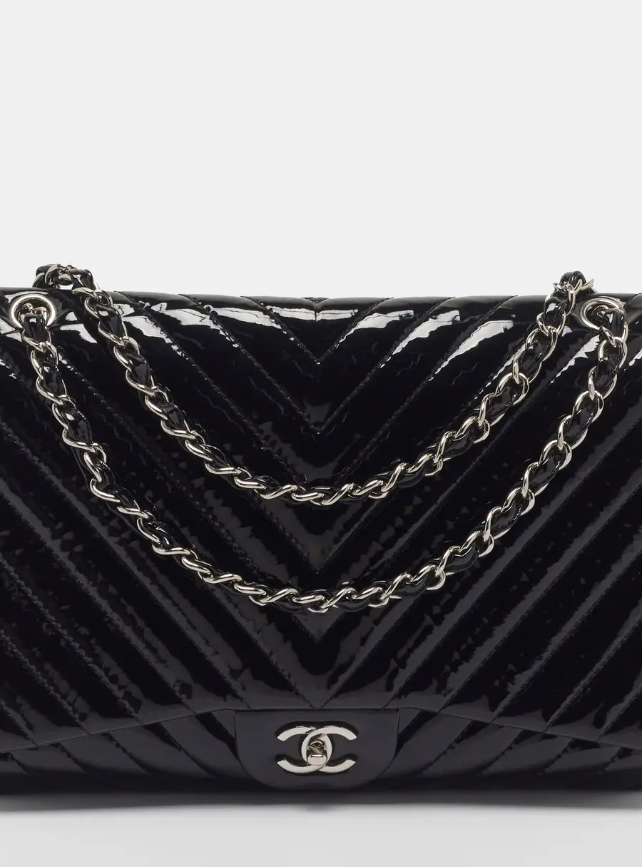 Chanel Classic Single Maxi Black Chevron Patent Leather Flap Bag