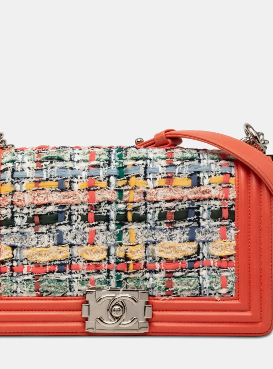Chanel Boy Flap Medium Orange Lambskin Leather Multicolor Tweed Shoulder Bag