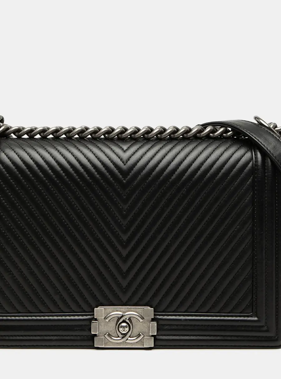 Chanel Boy Medium Black Chevron Lambskin Leather Flap Bag