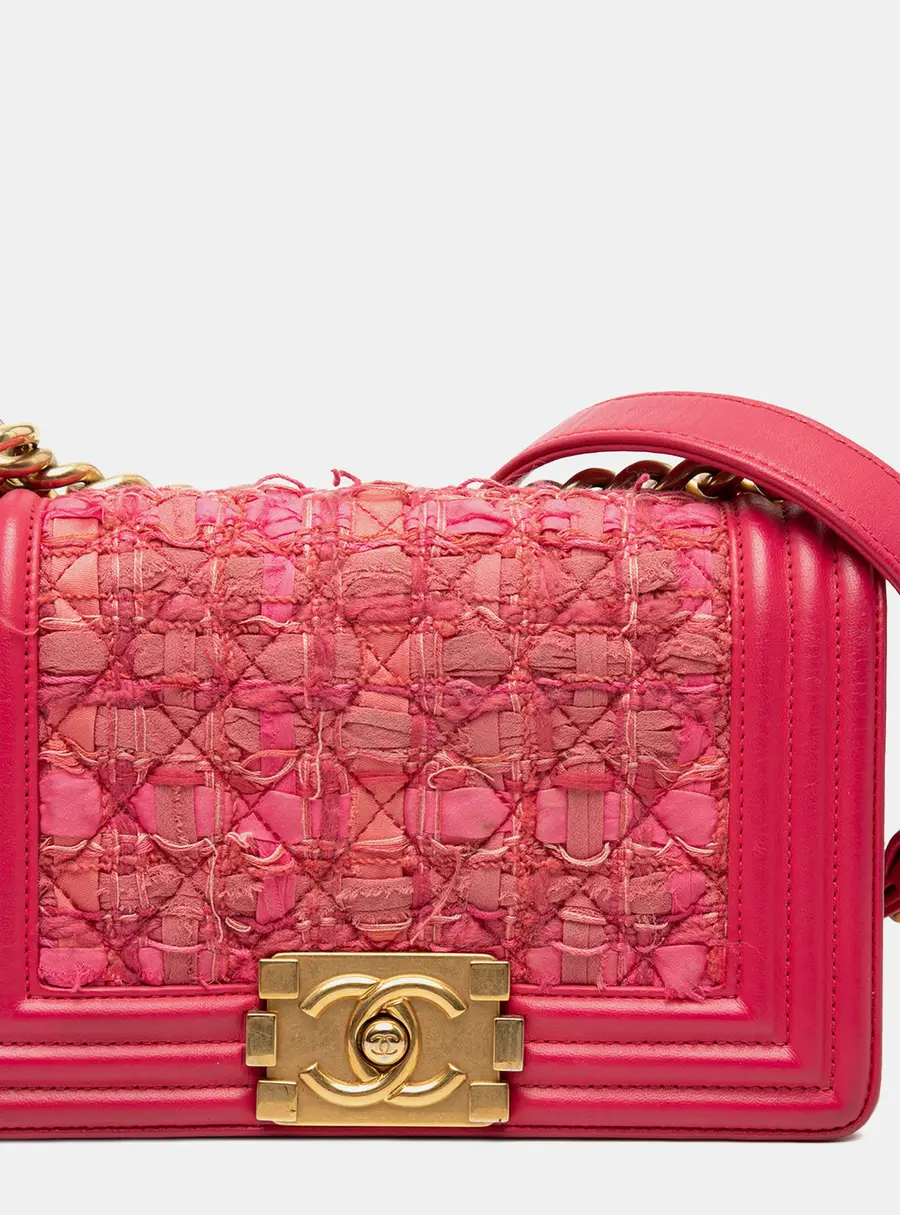 Chanel Boy Mini Pink Tweed Lambskin Flap Shoulder Bag