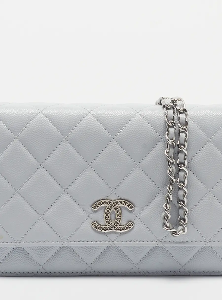 Chanel CC Logo Light Blue Caviar Leather Wallet On Chain