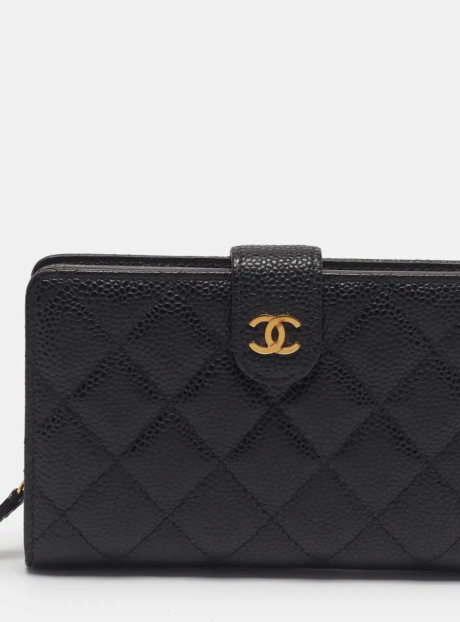 Chanel CC Black Caviar Quilted Leather French Wallet