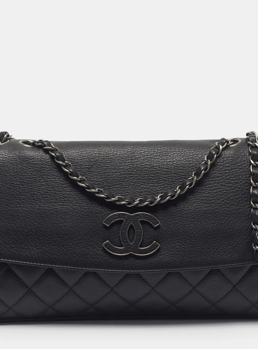 Chanel Hampton Foldover Black Quilted Leather Flap Bag