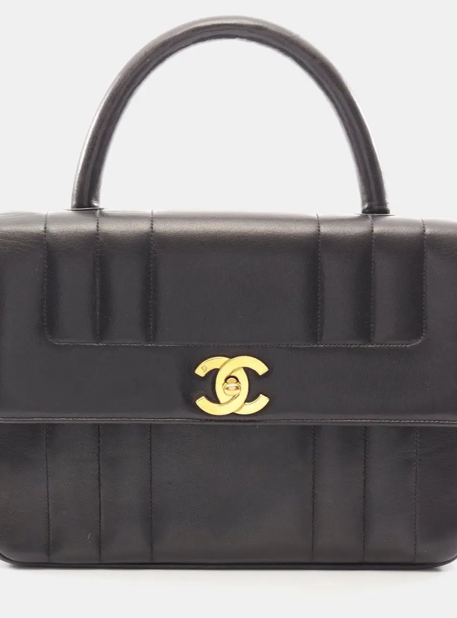 Chanel Vintage Mademoiselle Medium Black Lambskin Leather Top Handle Bag