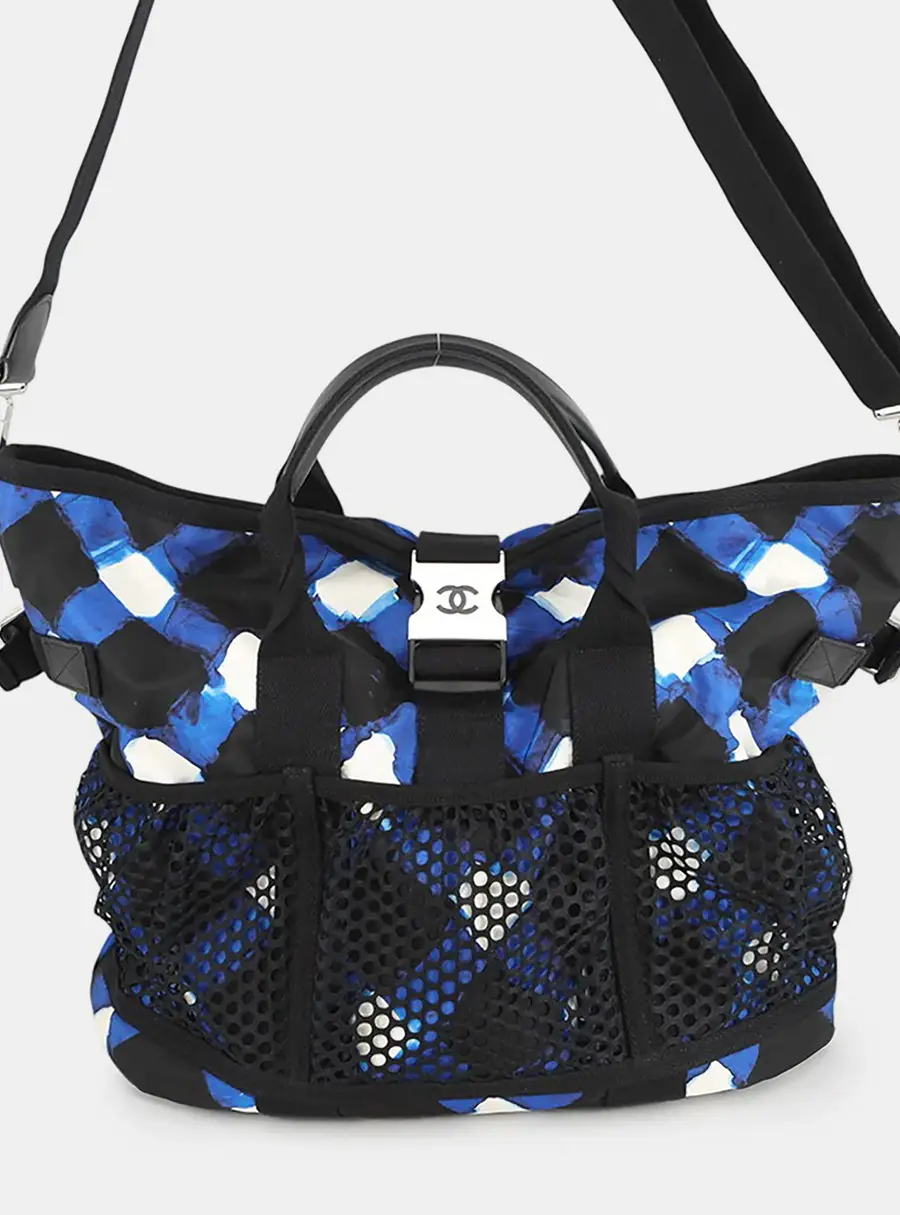 Chanel Airline Tote Blue Plaid Printed Nylon Two-Way Tote Bag
