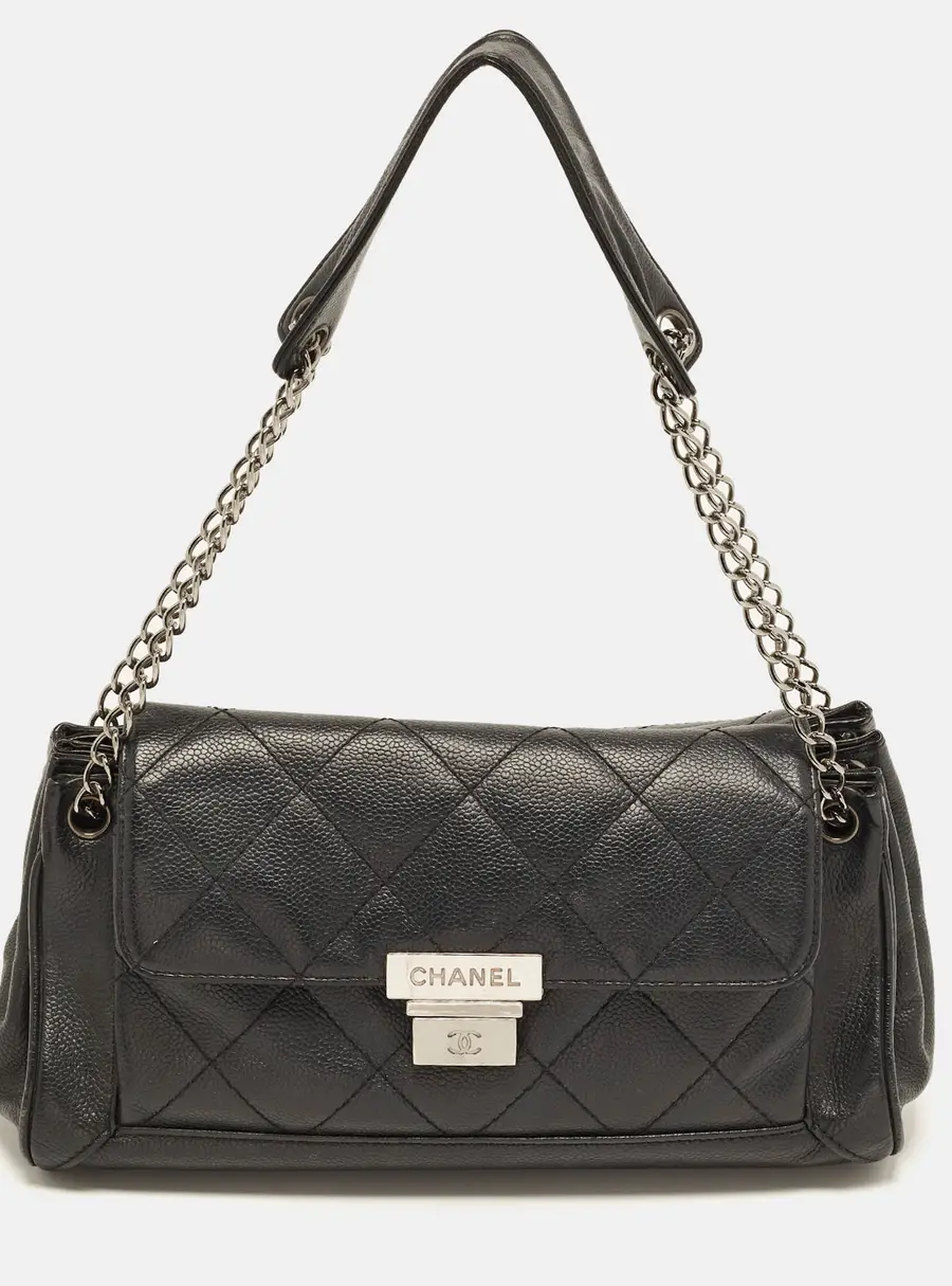Chanel Accordion Black Quilted Caviar Leather Flap Bag