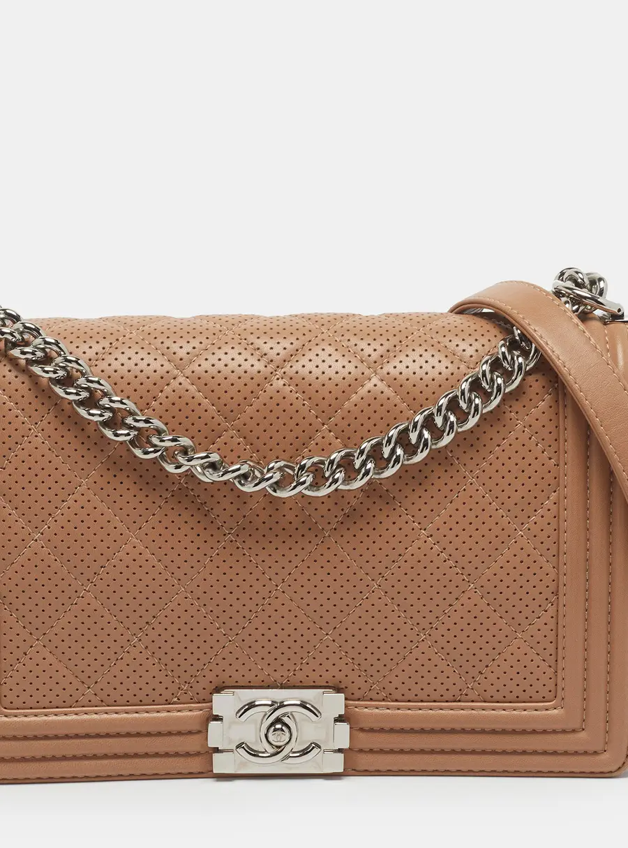 Chanel Boy New Medium Dark Beige Quilted Perforated Leather Flap Bag