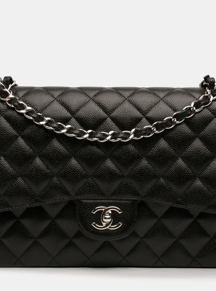 Chanel Classic Jumbo Black Grained Caviar Calfskin Leather Silver Hardware Double Flap Shoulder Bag