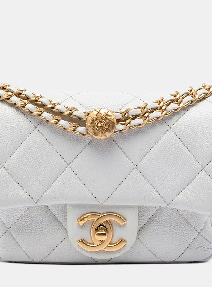 Chanel Twist Your Buttons Mini White Quilted Caviar Grained Calfskin Leather Flap Bag