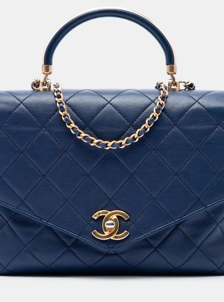 Chanel CC Quilted Calfskin Metal Top Handle Envelope Flap Blue Calfskin Leather Top Handle Bag