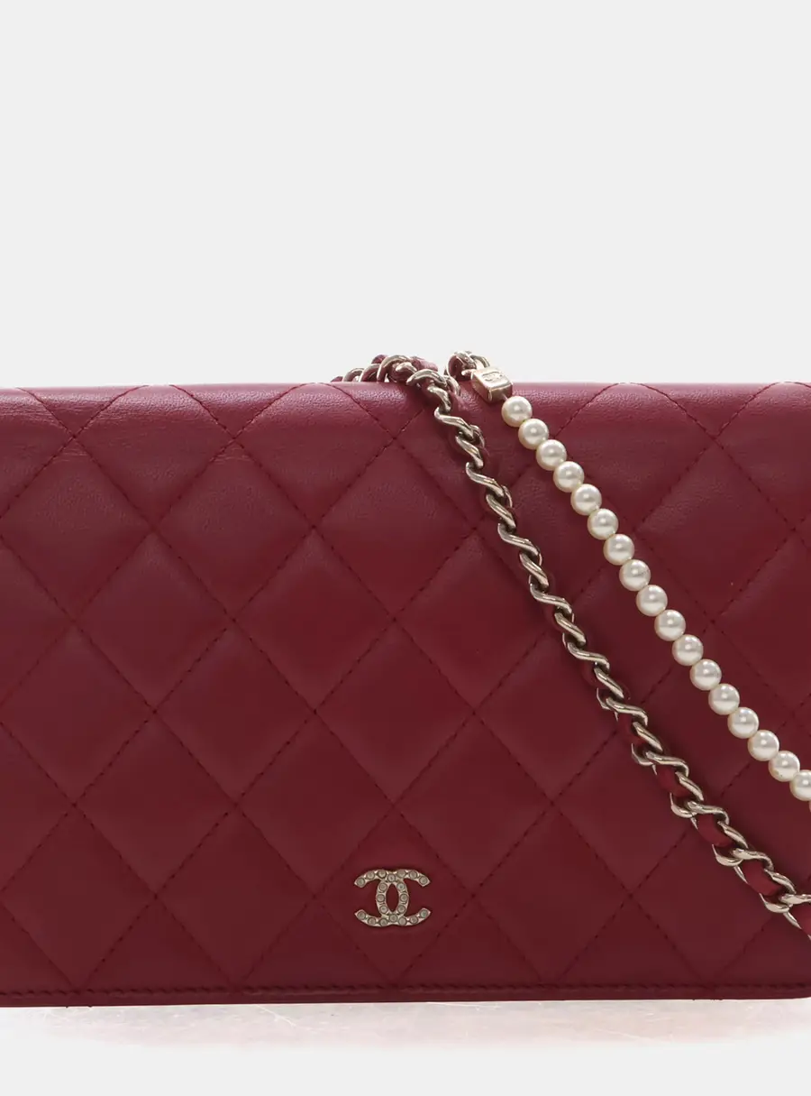 Chanel Quilted Crystal Pearl CC Red Lambskin Wallet on Chain Bag