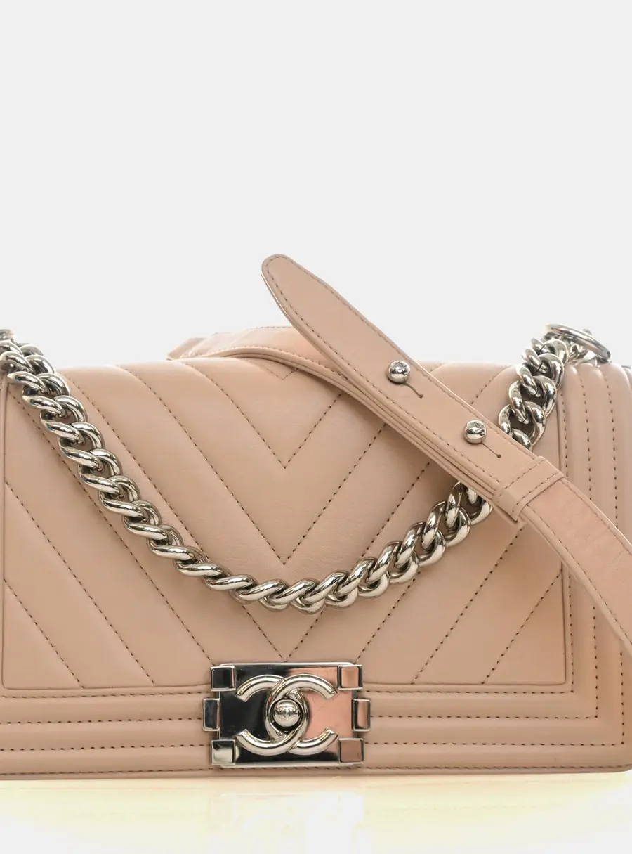 Chanel Boy Old Medium Beige Chevron Calfskin Leather Flap Bag