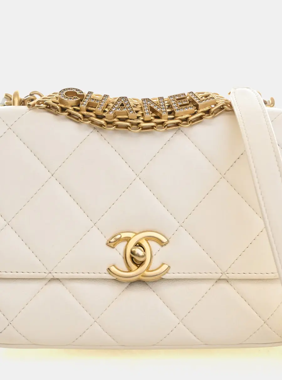 Chanel Crystal Logo Letters Chain Handle Small White Lambskin Shoulder Bag