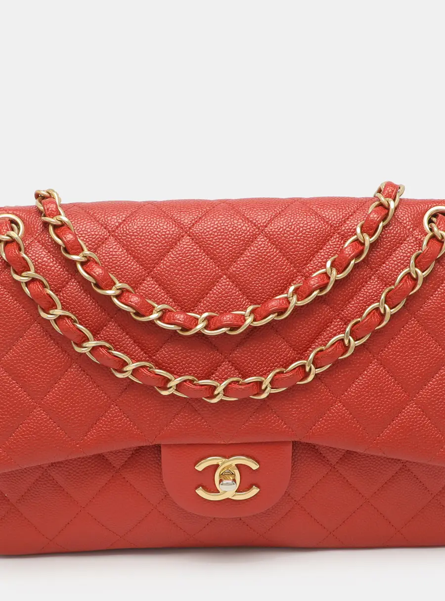 Chanel Classic Jumbo Red Orange Glaze Quilted Caviar Leather Double Flap Bag