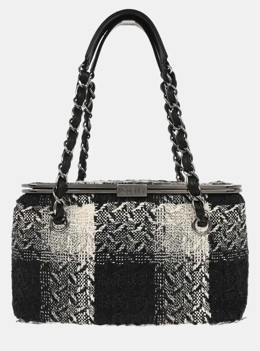 Chanel Vintage Paris-New York Black White Tweed Leather Box Bag