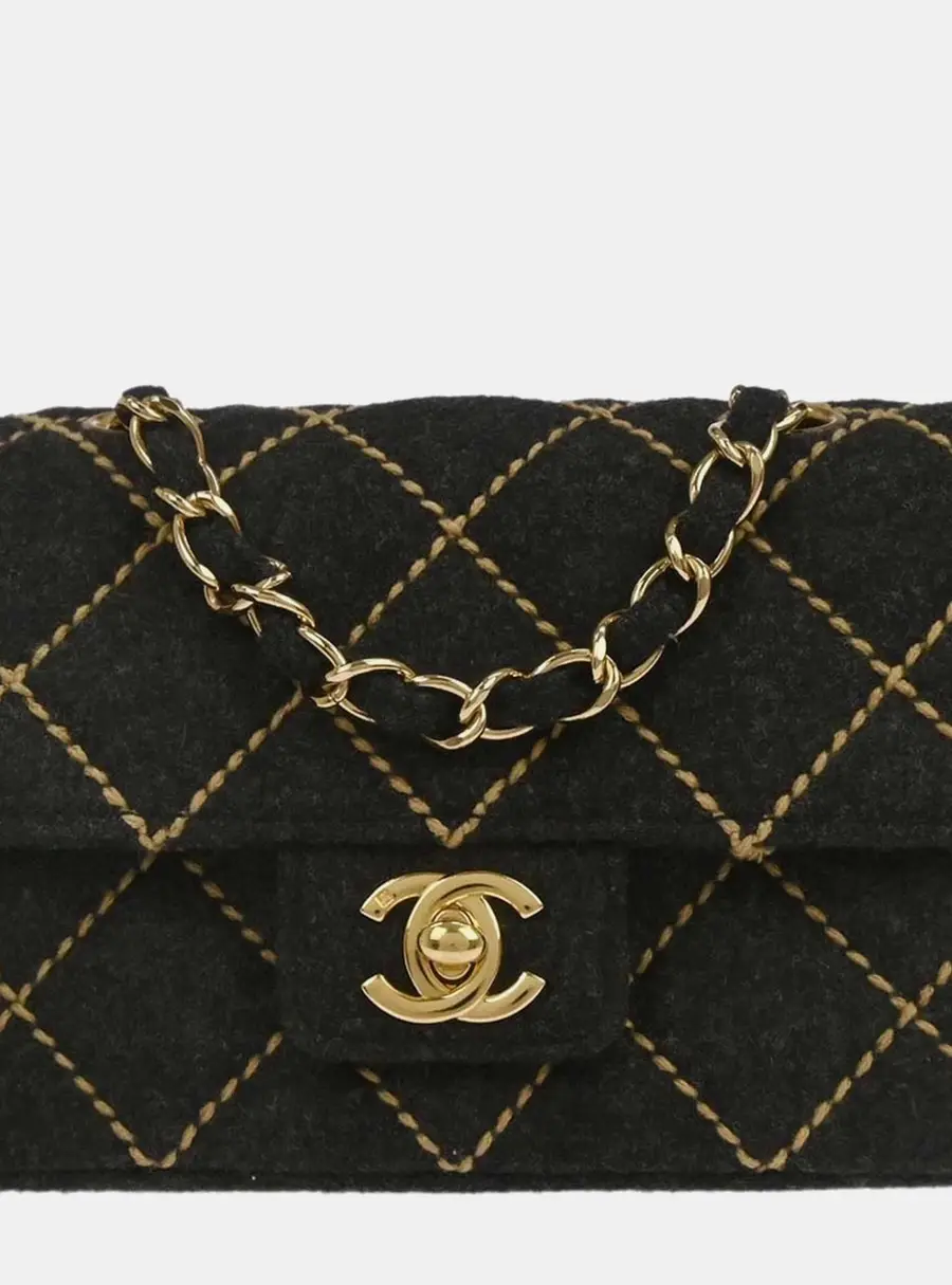 Chanel Wild Stitch Mini Classic Square Gray Wool Shoulder Bag