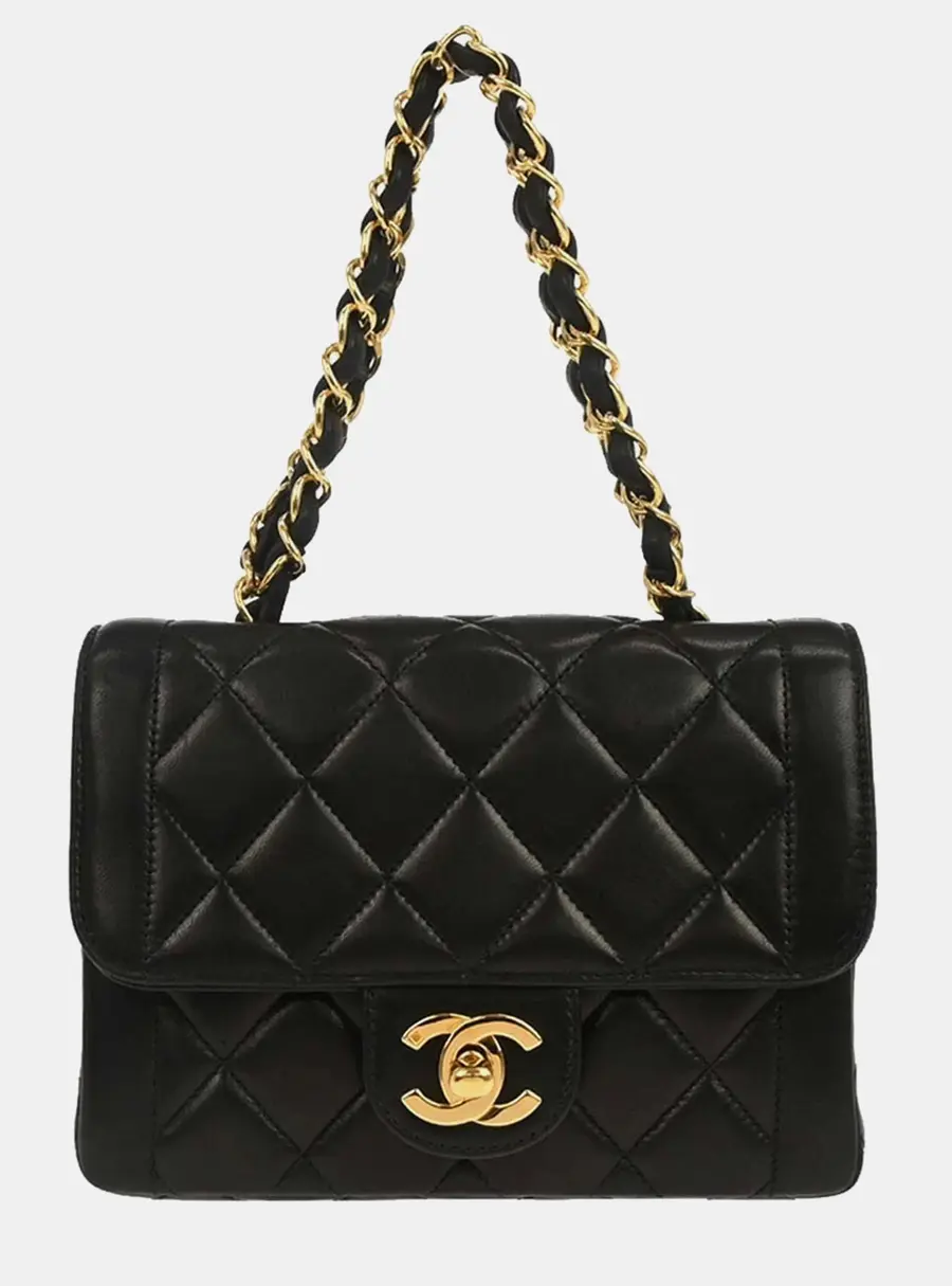 Chanel Classic Mini Square Flap Black Lambskin Leather Shoulder Bag