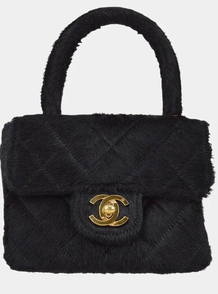 Chanel Classic Flap Micro Black Pony Hair Top Handle Bag