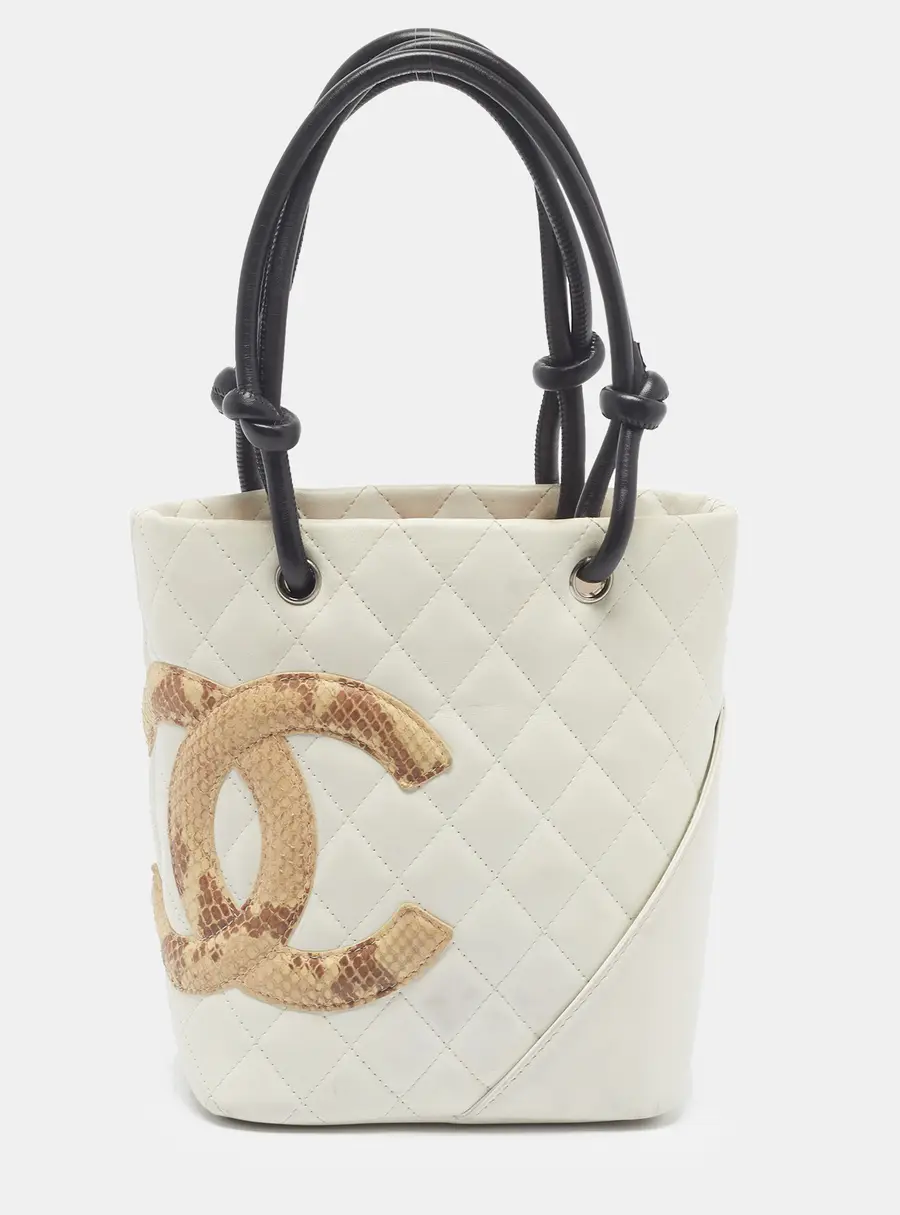 Chanel Cambon Ligne White Quilted Leather and Python Bucket Tote