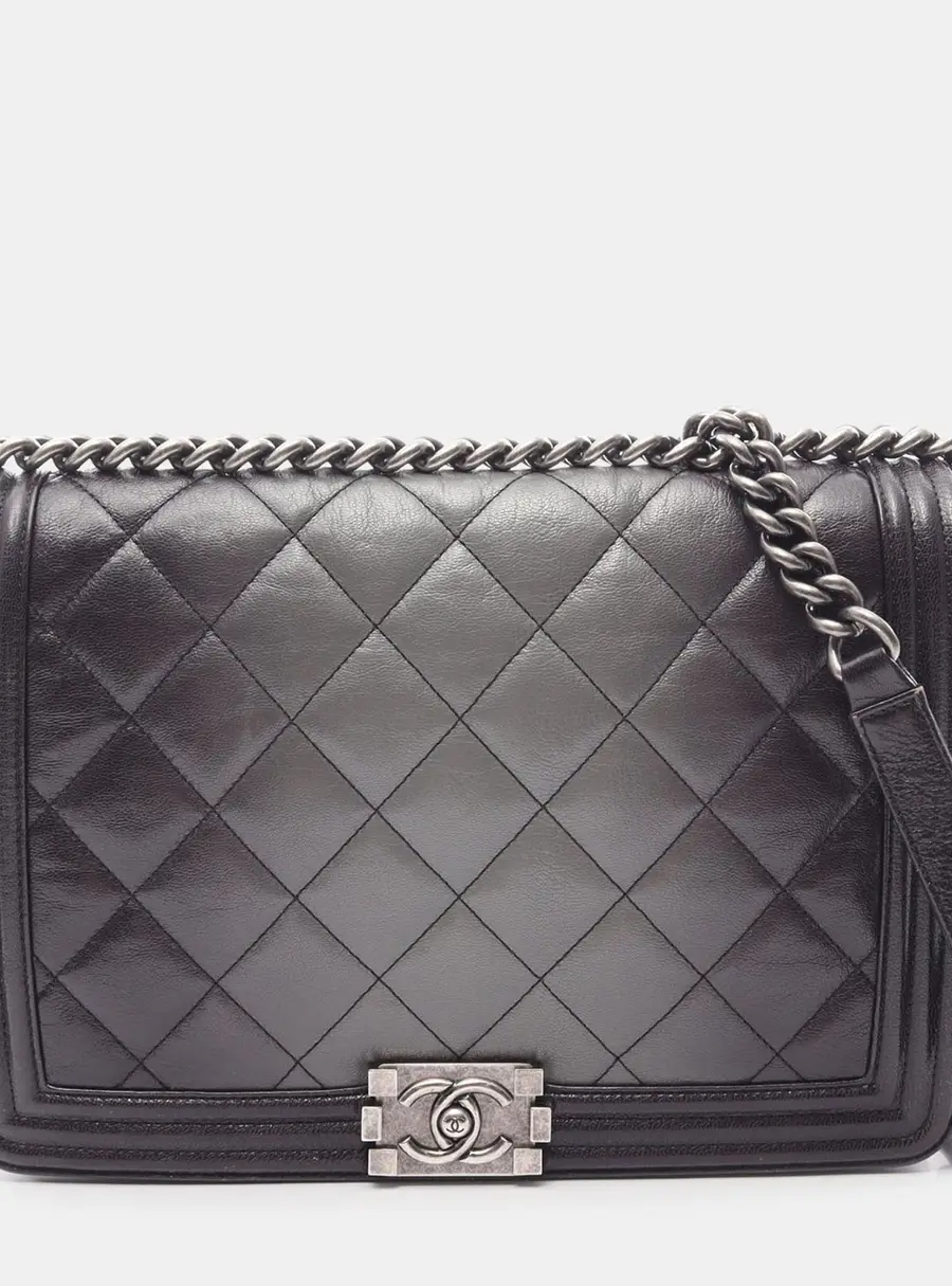 Chanel Boy Large Grey Black Ombre Quilted Calfskin Leather Shoulder Bag