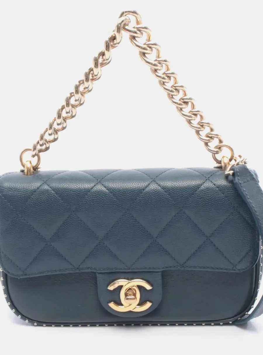 Chanel Studded Edge Small Navy Grained Calfskin Leather Shoulder Bag