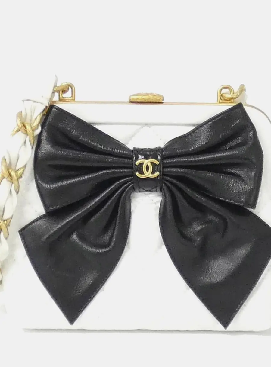 Chanel Bow Frame Mini White Black Lambskin Leather Clutch Bag
