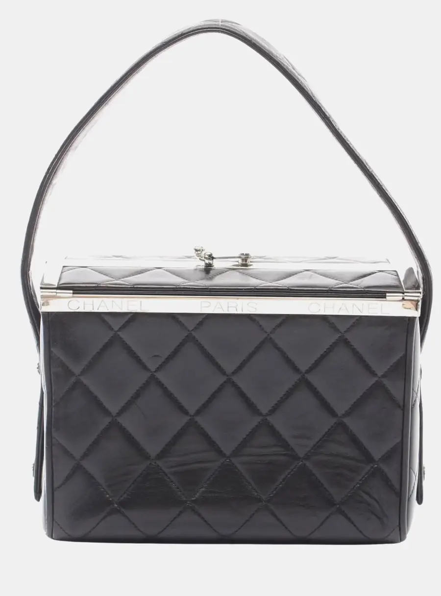 Chanel Vintage Quilted Small Black Lambskin Leather Metal Frame Top Handle Bag