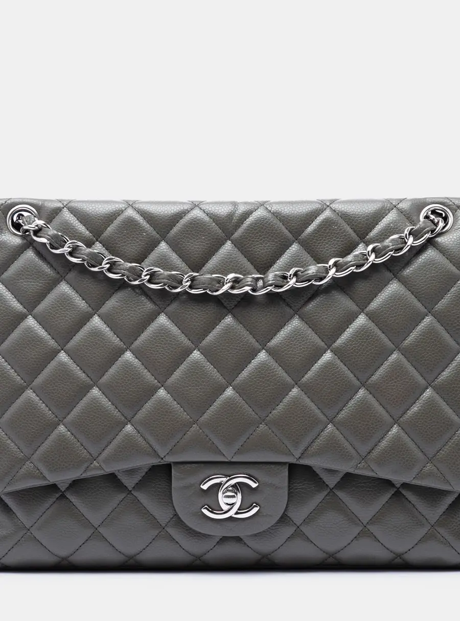 Chanel Classic Maxi Grey Quilted Caviar Grained Calfskin Leather Single Flap Shoulder Bag