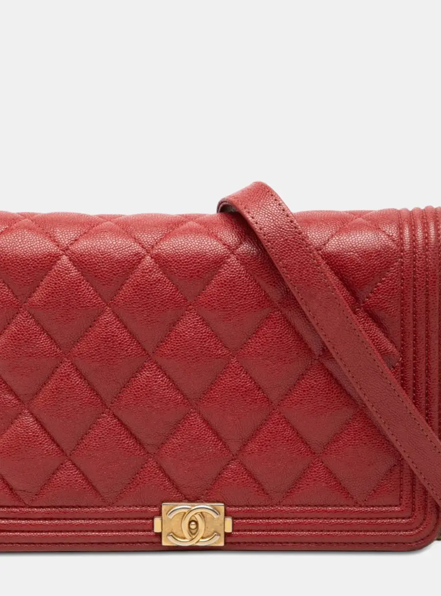 Chanel Boy Red Quilted Caviar Leather Wallet on Chain Bag