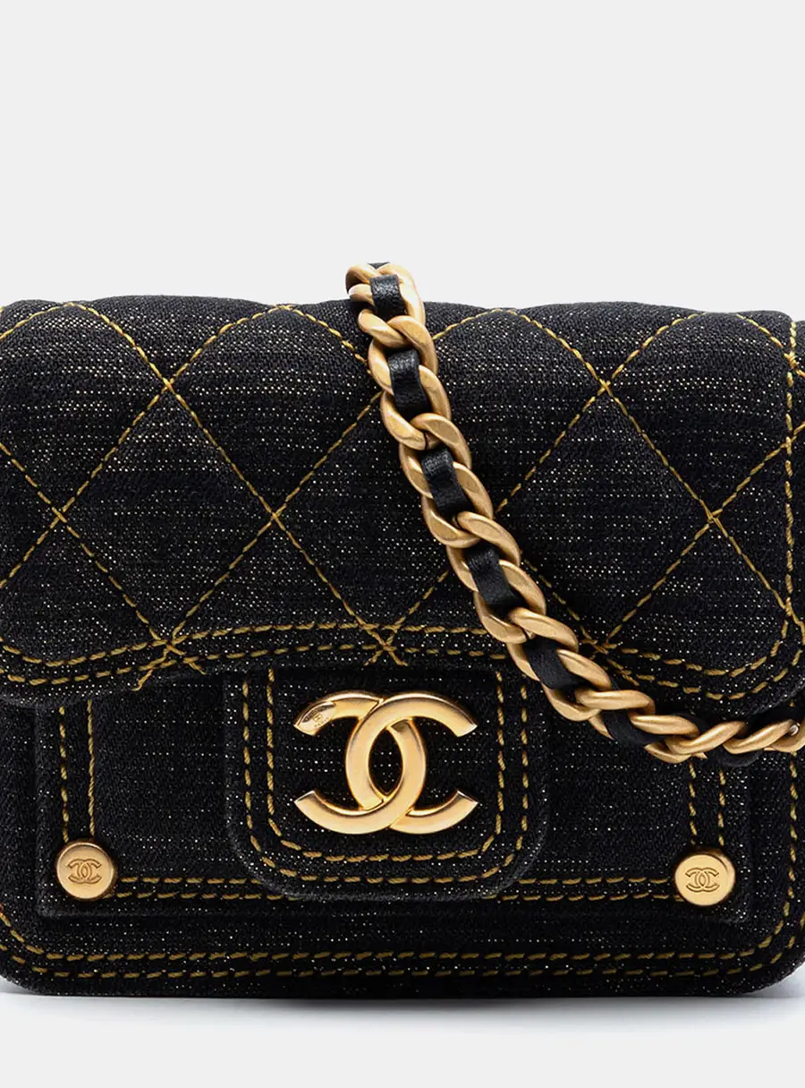 Chanel Double You Mini Blue Quilted Denim Card Holder Bag
