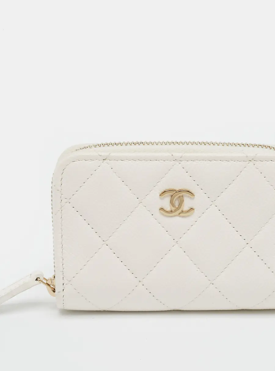 Chanel White Quilted Caviar Leather Zip Coin Purse