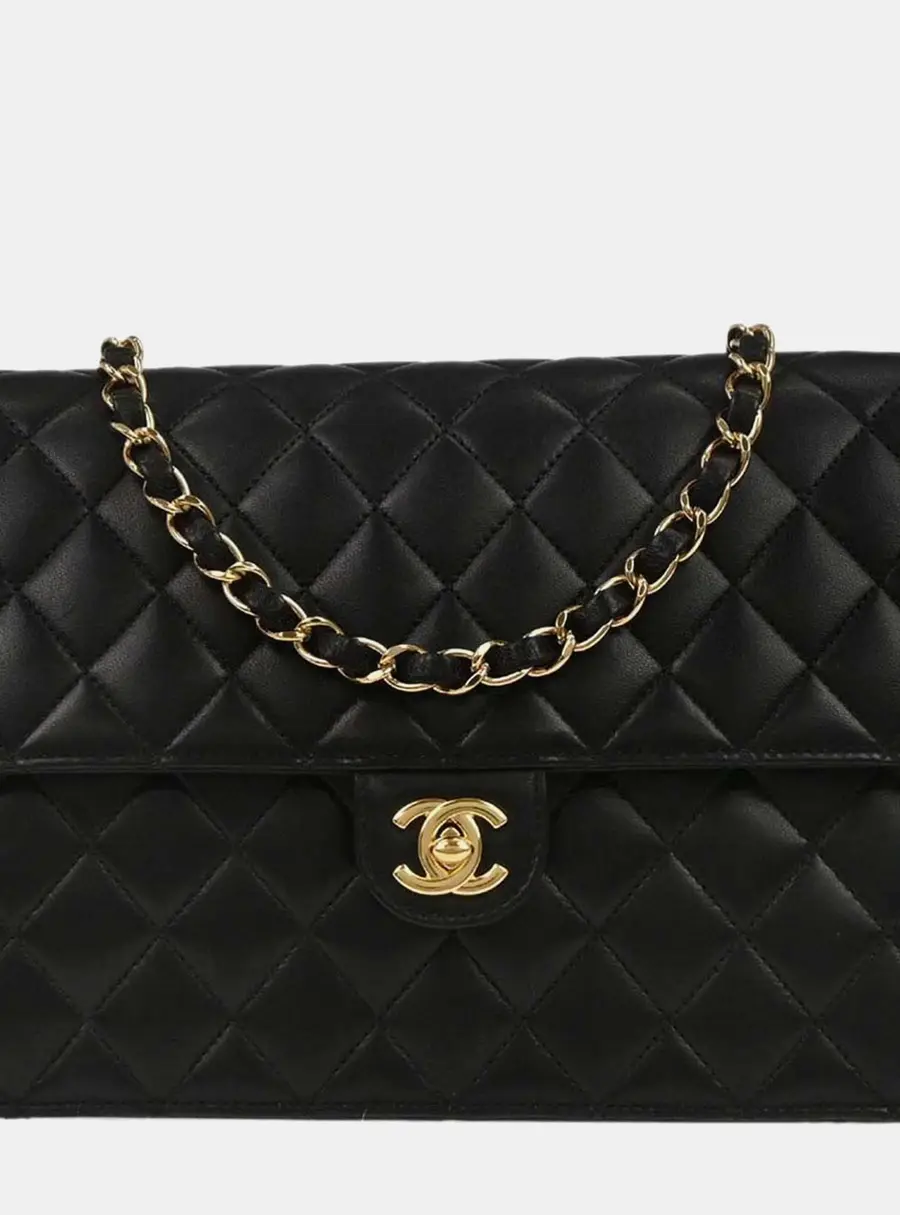 Chanel Vintage Medium Half Flap Turnlock Black Lambskin Shoulder Bag
