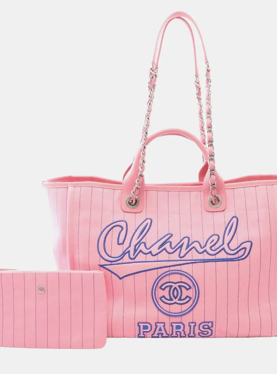 Chanel Deauville Large Pink Canvas Calfskin Leather Tote Bag