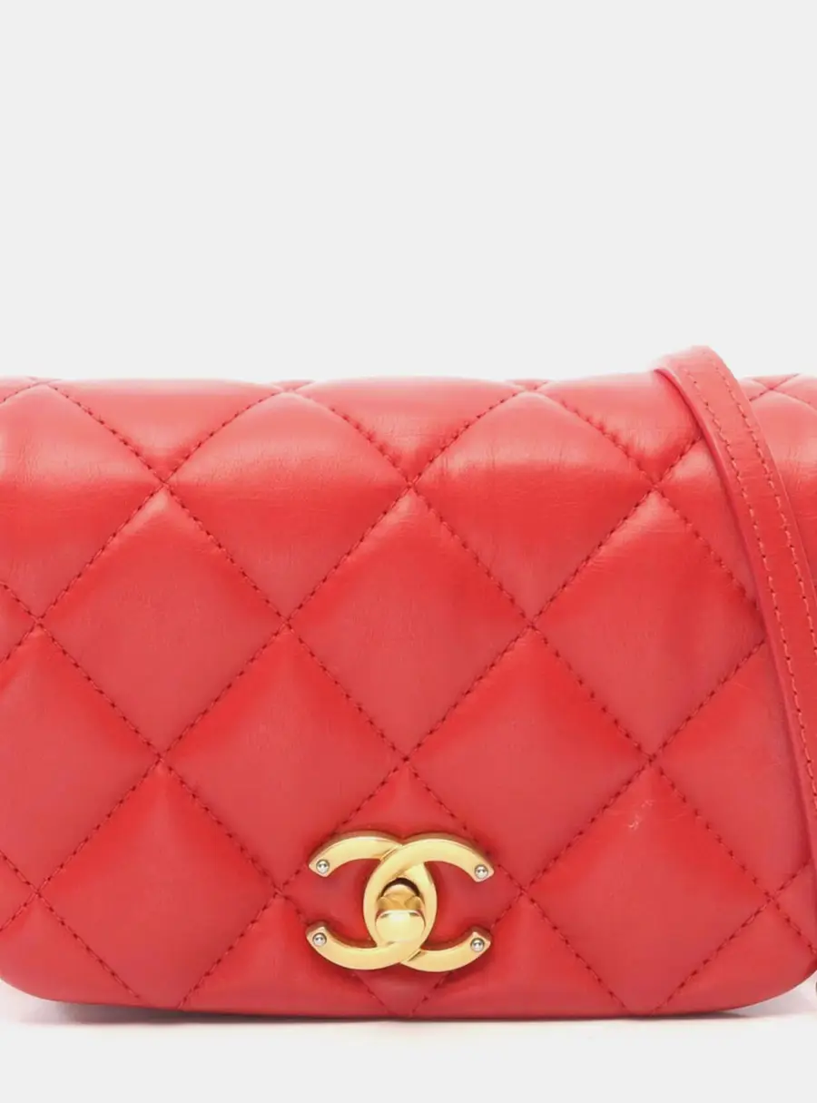 Chanel Matelasse Cambon Chains Mini Red Lambskin Leather Flap Shoulder Bag
