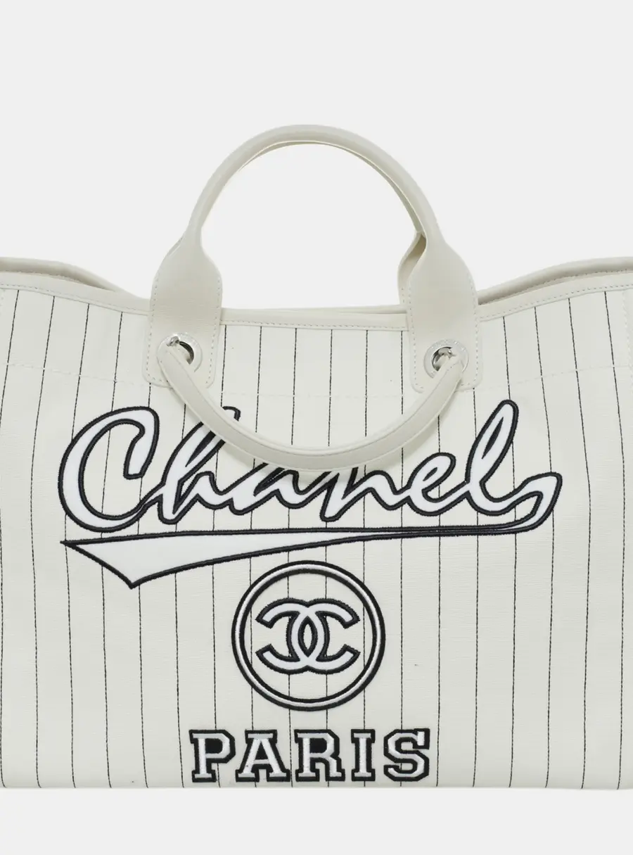 Chanel Deauville Medium White Canvas Leather Stripes Tote Bag