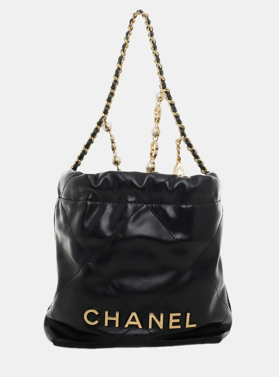Chanel Mini 22 Black Quilted Shiny Calfskin Leather Drawstring Bag