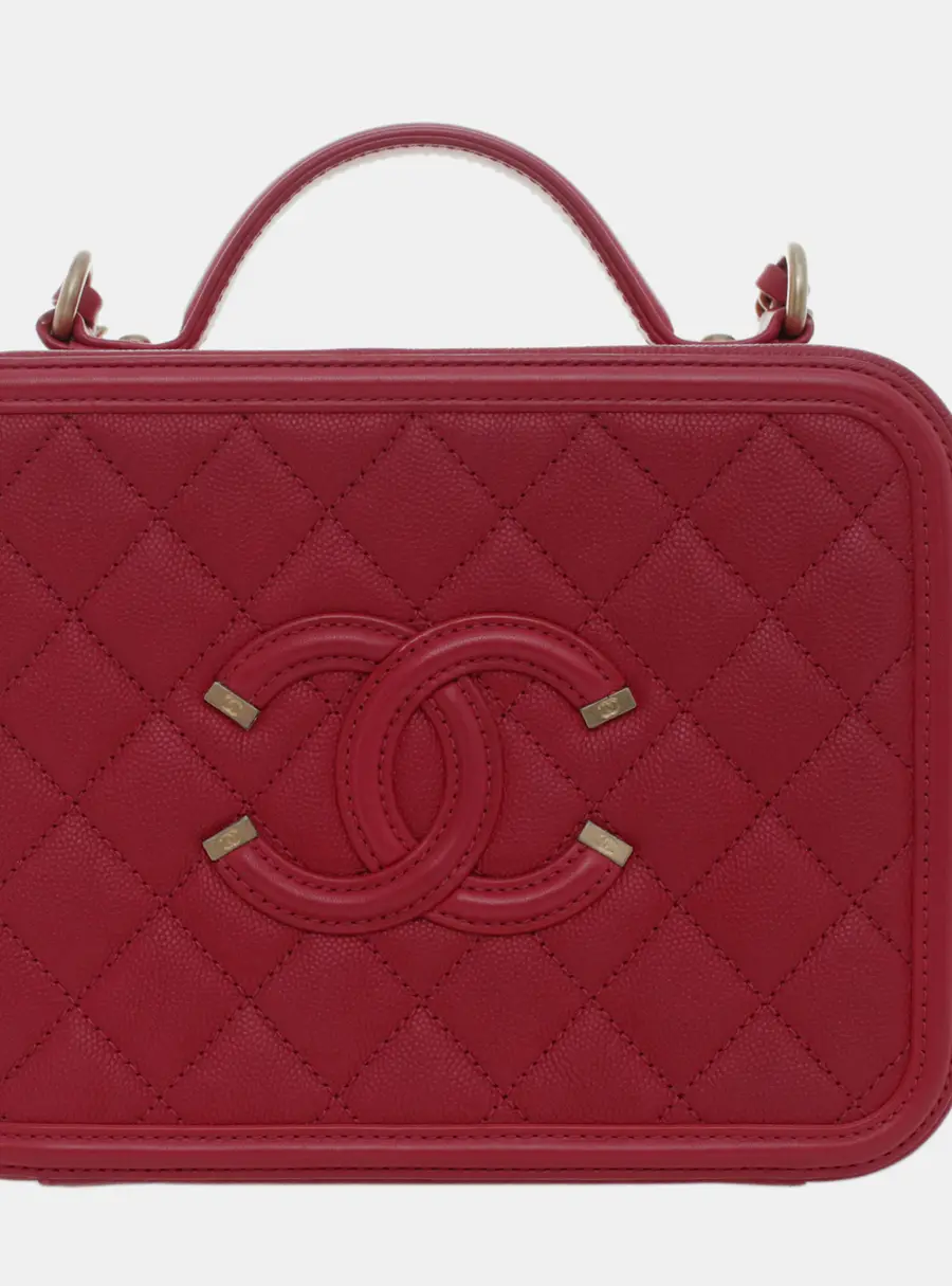 Chanel Filigree Vanity Case Medium Red Caviar Leather Top Handle Bag