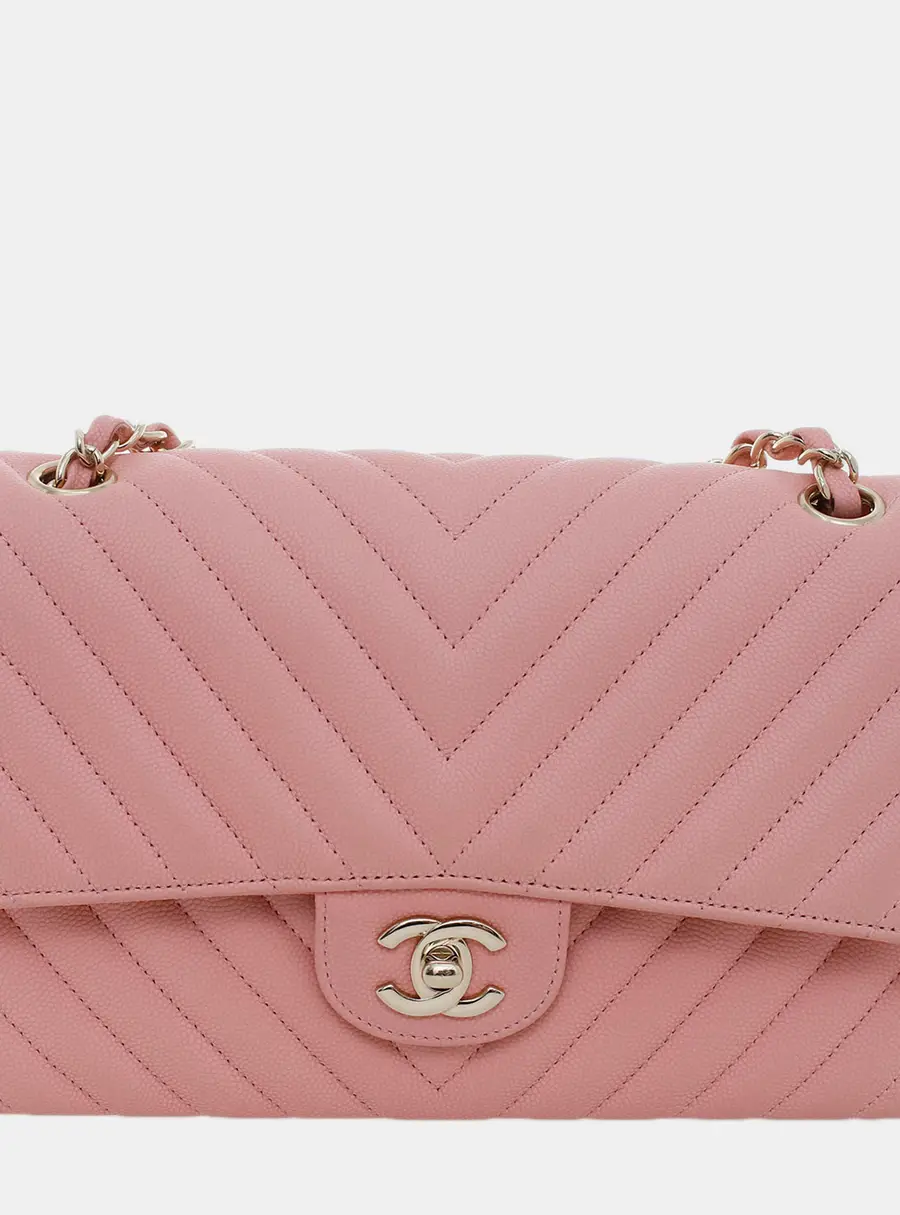Chanel Classic Medium Pink Caviar Leather Chevron Double Flap Bag