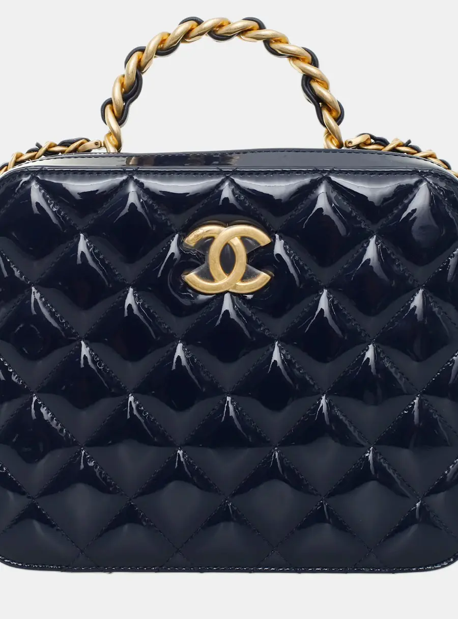 Chanel Vanity Case Navy Blue Patent Leather Top Handle Bag