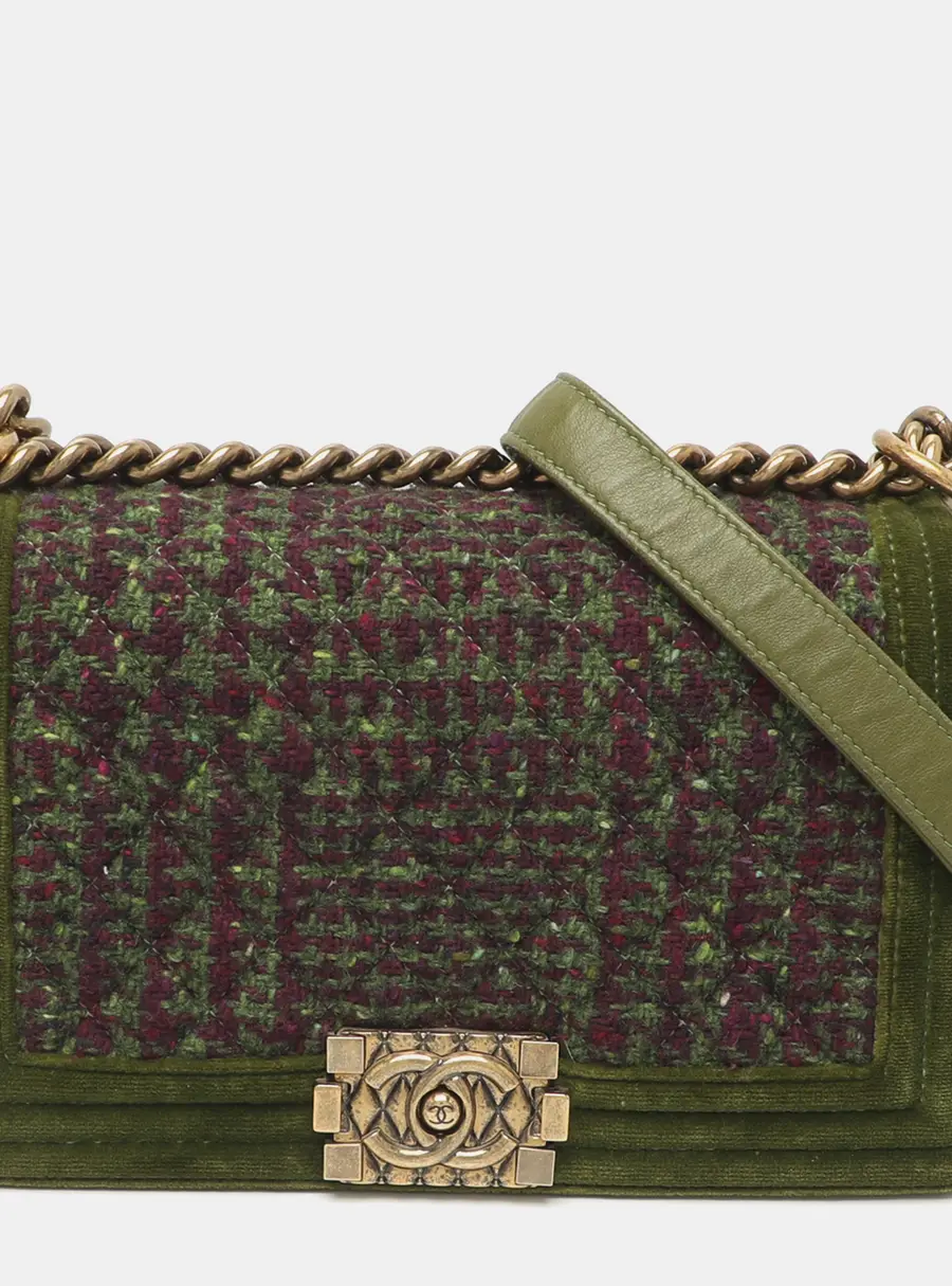 Chanel Paris-Edinburgh Boy Medium Green/Purple Tweed and Velvet Shoulder Bag