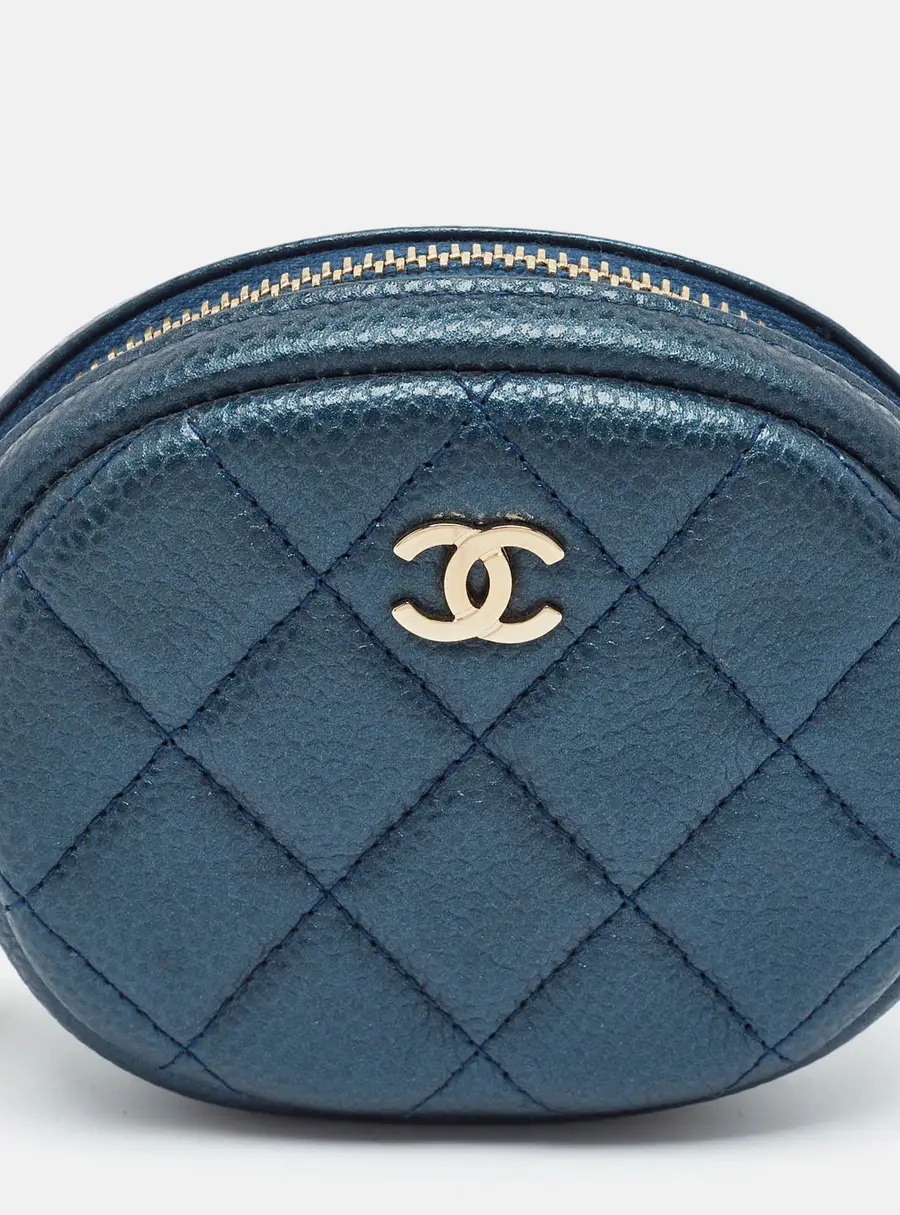 Chanel CC Blue Caviar Quilted Leather Round Coin Purse