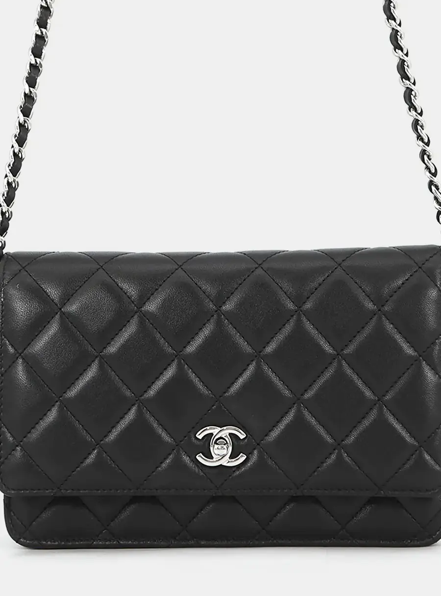Chanel Classic Matelasse Chain Wallet Black Lambskin Leather Wallet on Chain Bag