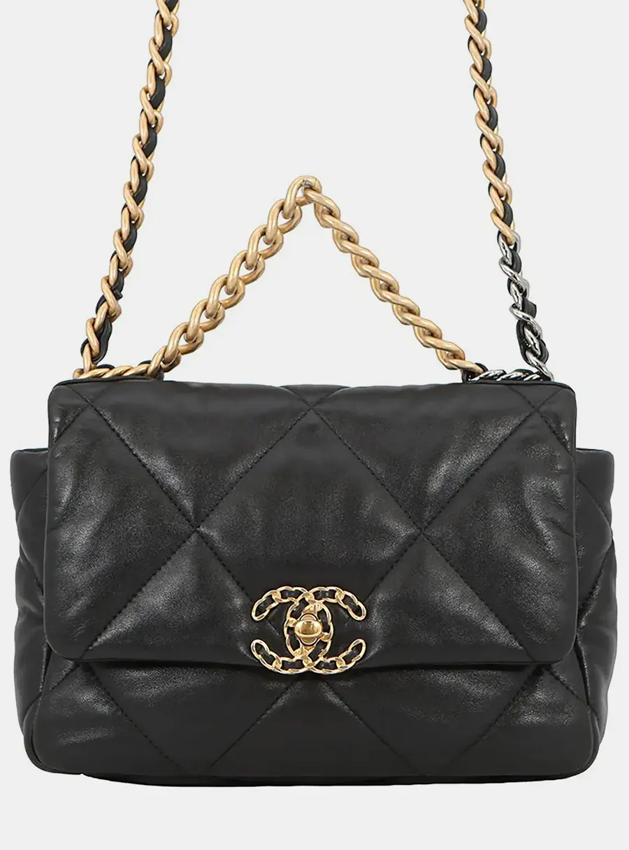 Chanel 19 Small Black Shiny Lambskin Leather Flap Bag