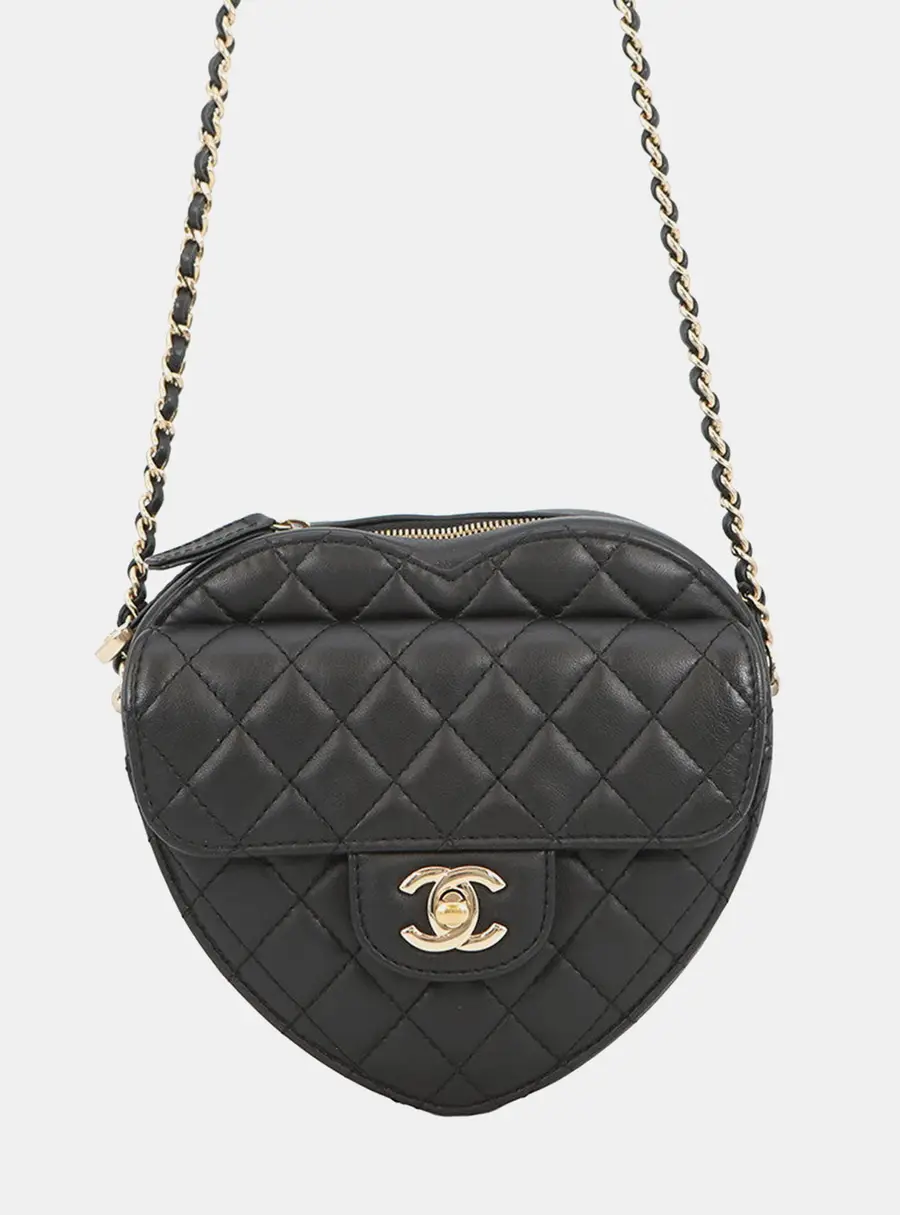 Chanel Matelasse Heart Shape Black Lambskin Leather Crossbody Bag